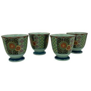 Set of 4 Chinese Tea Cups Asian Floral Blue Mugs SET Oriental Kitchen Decor